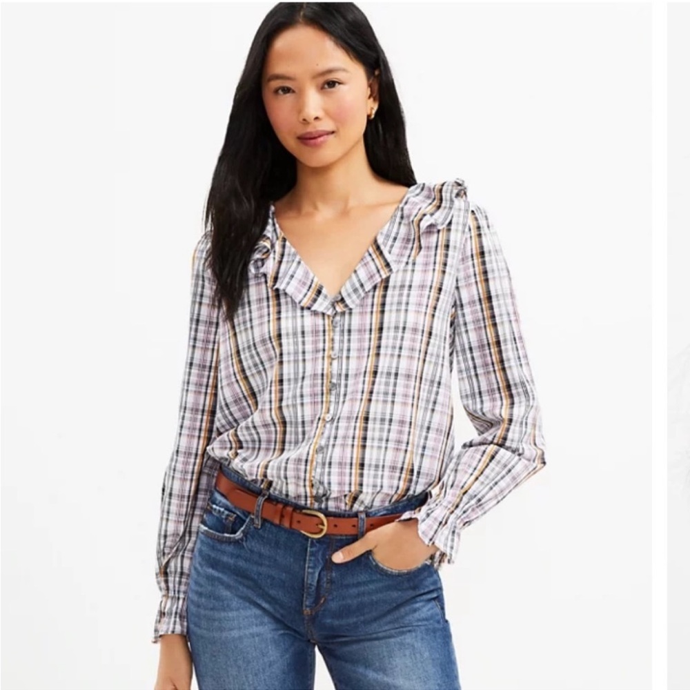 NWT LOFT Plaid Ruffle V-Neck Blouse